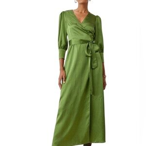 Reformation Merrick Green Polka Dot Wrap maxi Dress 3/4 sleeve 100% silk small